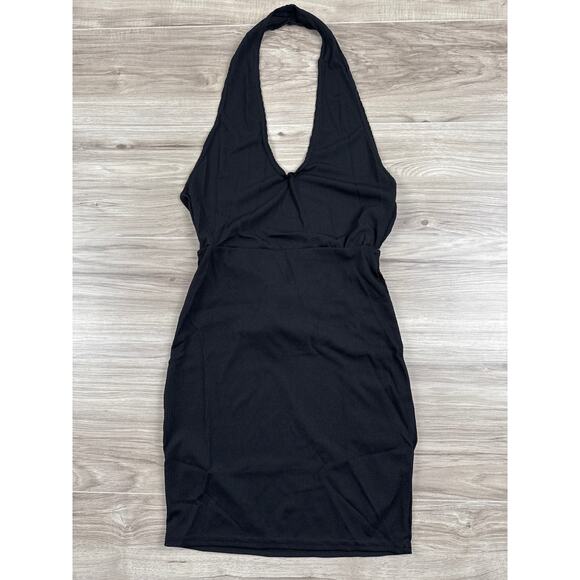 Pretty Little Thing Black Ribbed Halterneck Tie Back Bodycon Dress Size 10 NWT - Picture 5 of 9